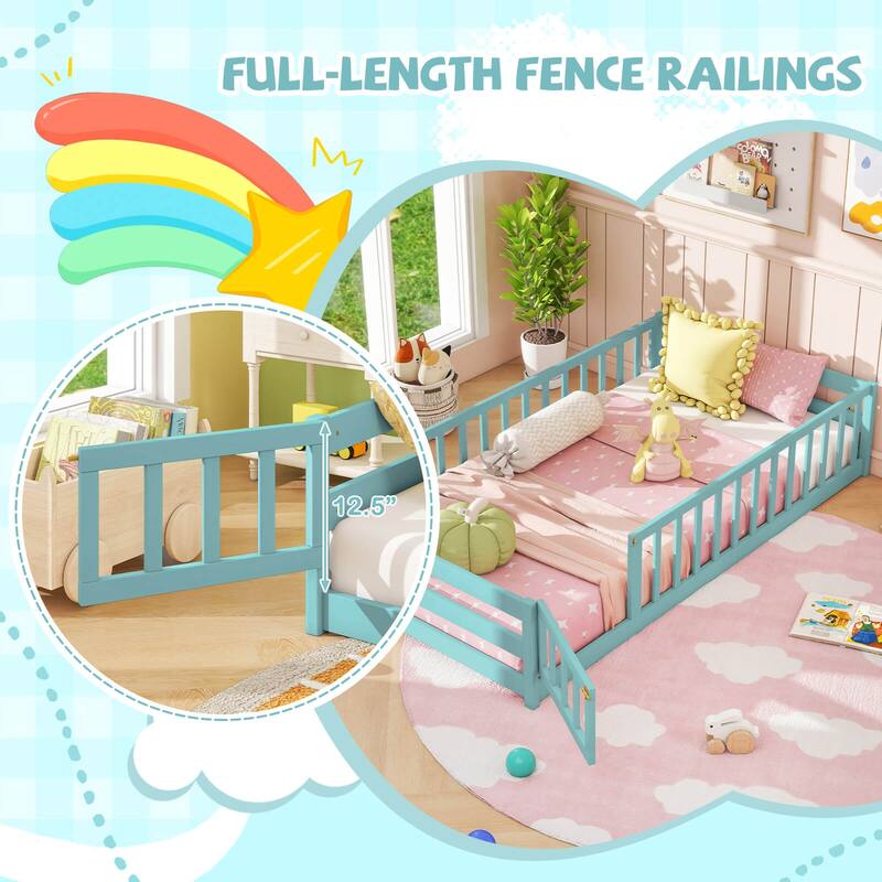 Costway Twin Size Floor Bed with Door & Fence with Safety Guardrails &