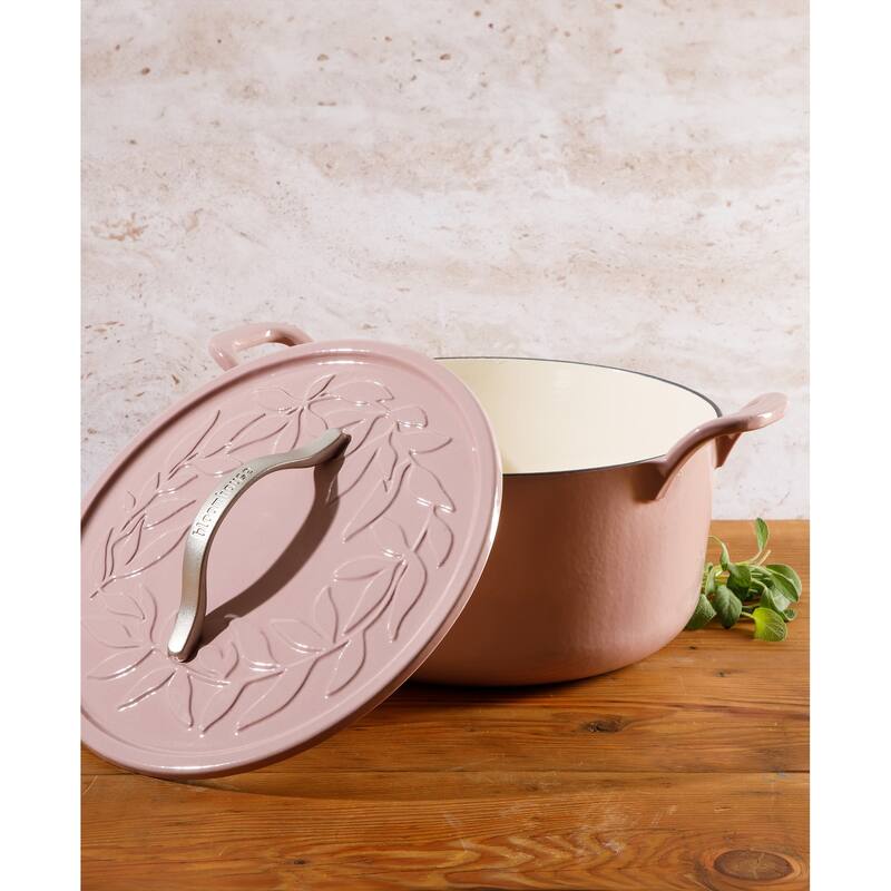 Bloomhouse 7 Qt Cast Iron Dutch Oven W/ Embossed Lid, European Glossy Enamel, & Walnut Wood Trivet