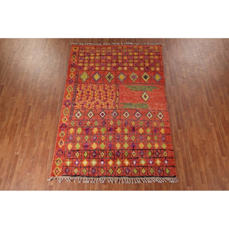 Orange Moroccan Oriental Area Rug Hand-Knotted Wool Carpet - 6'9" x 10'2"