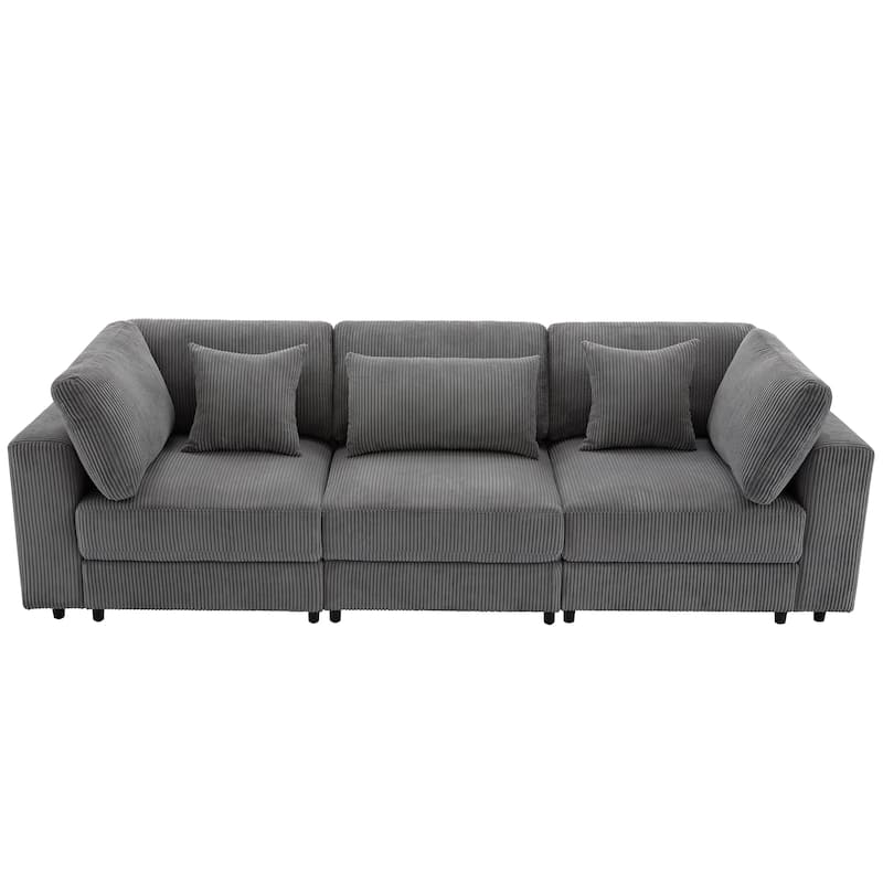 Gray 105" Corduroy 3-Seater Sofa with Removable Back Cushions and Pillows