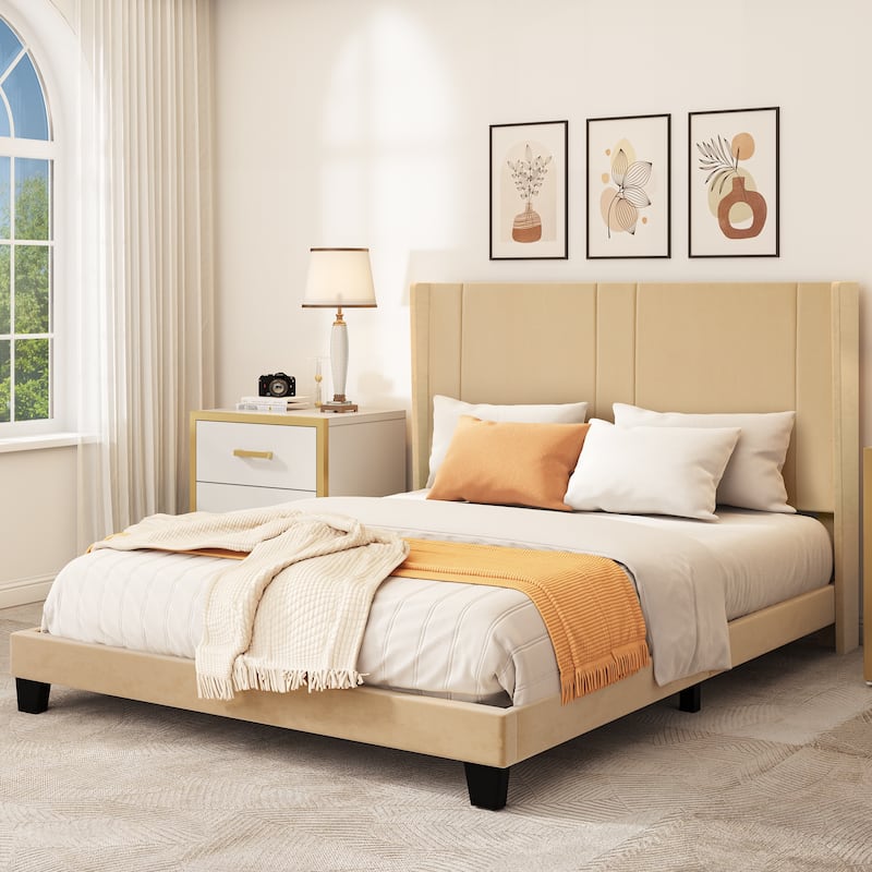 Velvet Upholstered Platform Bed Frame - Beige - Queen