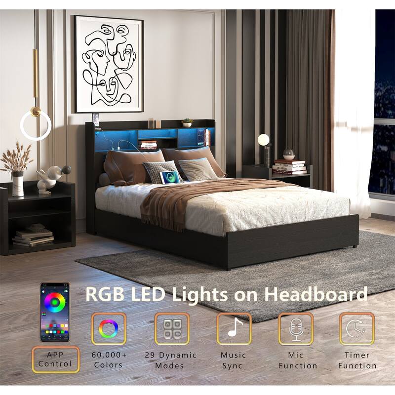 Full Storage Bed Frame with Headboard, USB Charging, and LED Lights