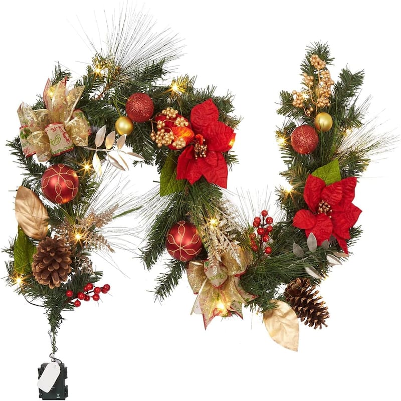 6FT Battery Powered Xmas Garland Prelit Lights Indoor/Outdoor with Timer - N/A - Red
