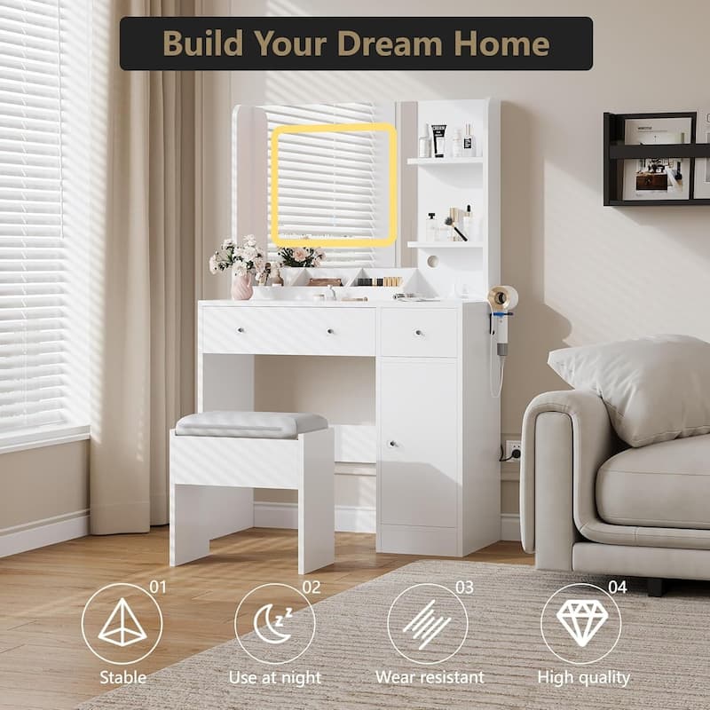 3 Storage Drawers Makeup Vanity Desk with 3-Color Lights Mirror