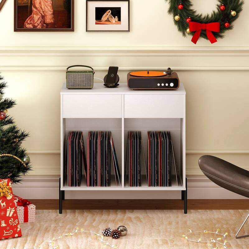 Modern Record Stand with USB Charging Station and 2 Drawer Storage Vinyl Album Organizer Shelf - 31.5" x 16" x 30.5"