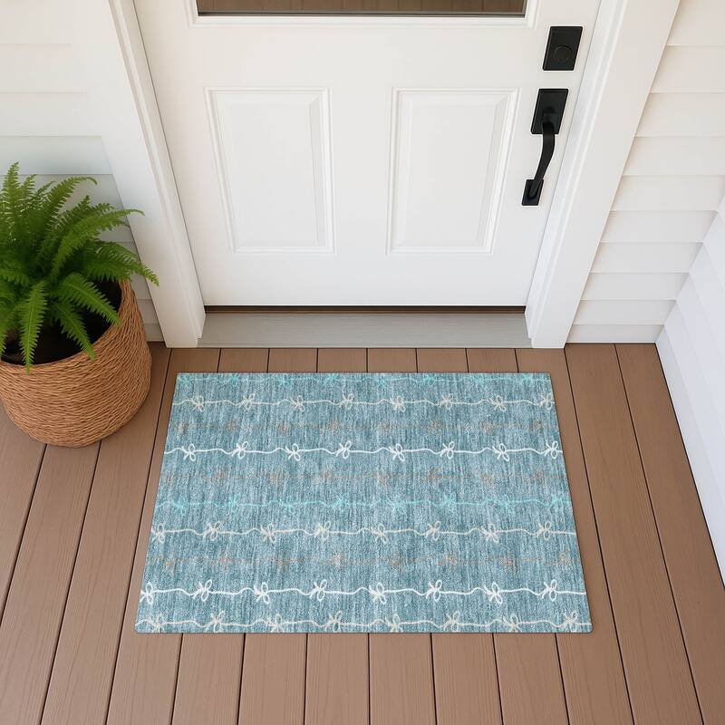 Machine Washable Indoor/ Outdoor Modern Bow Stripe Chantille Rug - Teal - 1'8" x 2'6"