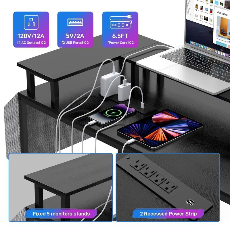 79" U Shaped Computer Desk with Power Outlets,Storage Bag, Hooks