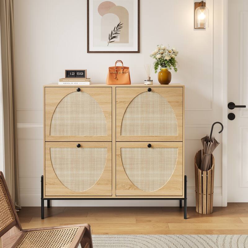 Space-Saving Rattan Shoe Cabinet with 4 Flip-Down Doors-Elegant Narrow Storage for Entryways & Hallways - Oak