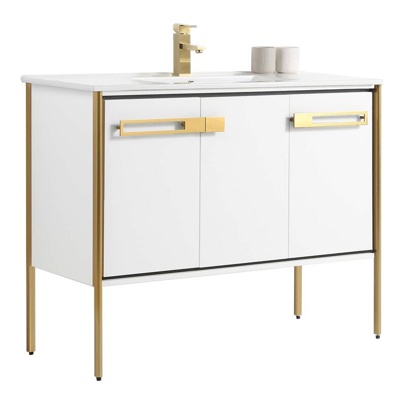 Fine Fixtures Oakville Bathroom Vanity with White Ceramic Sink - 42 Inch - White Matte - Satin Brass Hardware