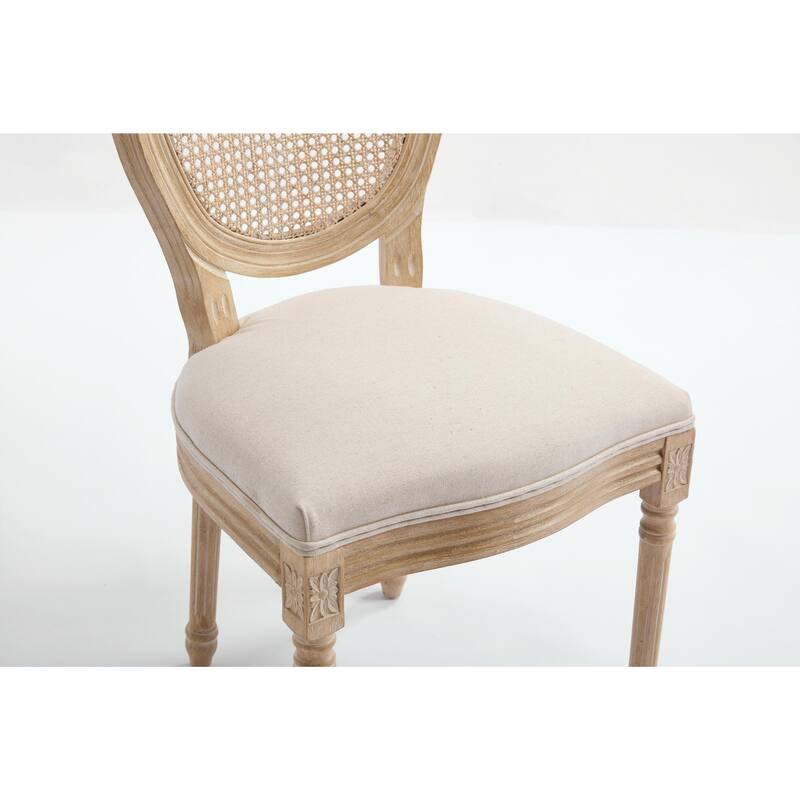 Set of 2 French Country Dining Chairs, Upholstered with Natural Rattan Round Back