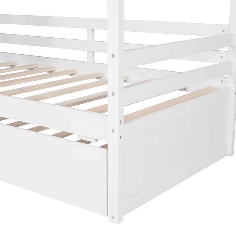 Twin House Bed with Trundle, Roof & Windows