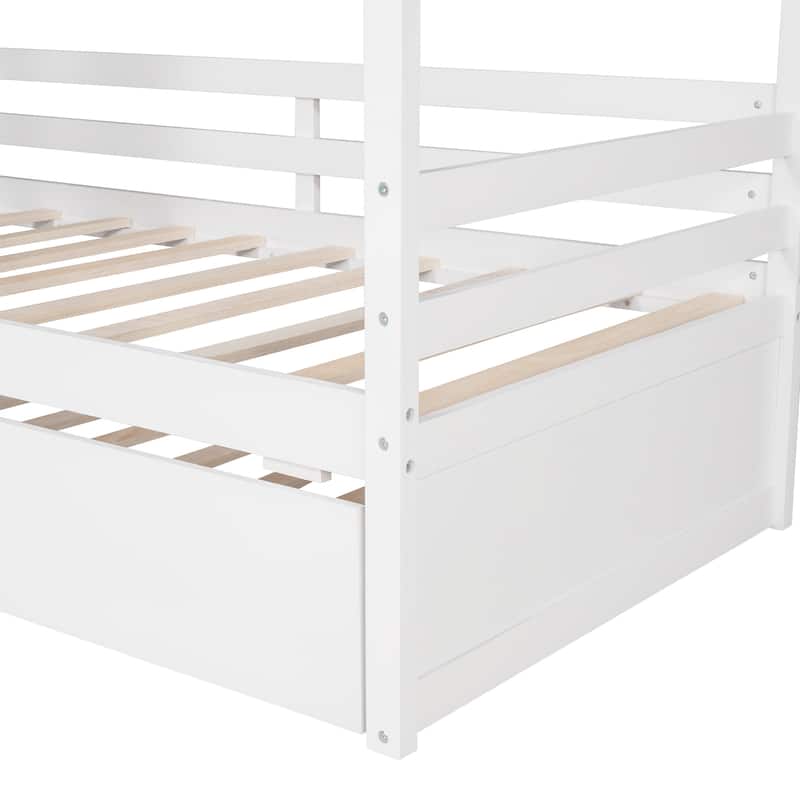 Twin House Bed with Twin Trundle, Wooden Bed for Kids with Guardrails, Playhouse Design, Easy Assembly