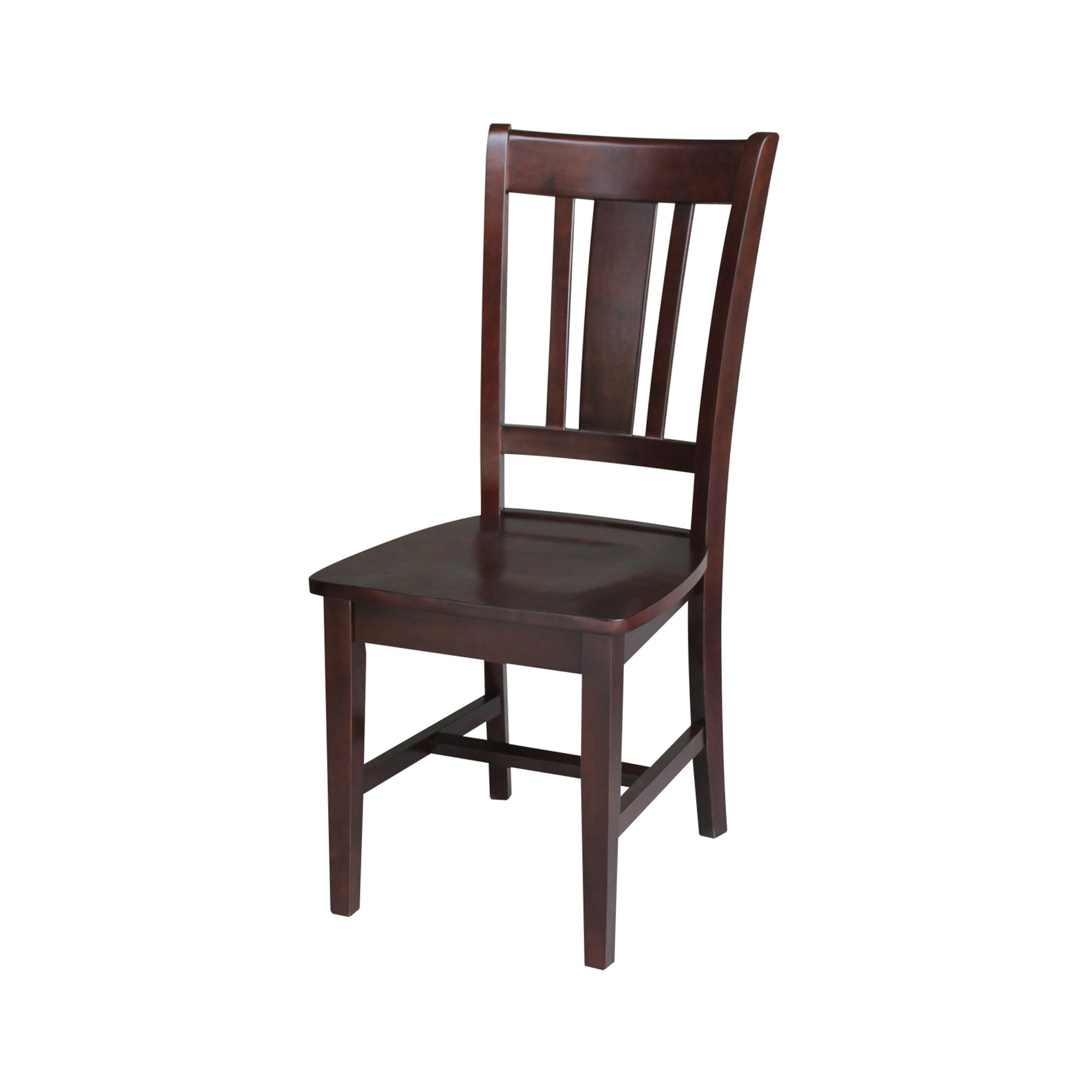 A dark brown wooden chair with a curved backrest and vertical slats.