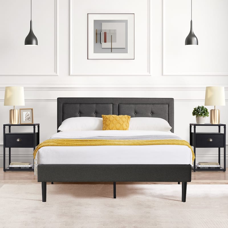 VECELO 3-pieces Upholstered Bedroom Set with Height Adjustable Headboard and Nightstands Set of 2