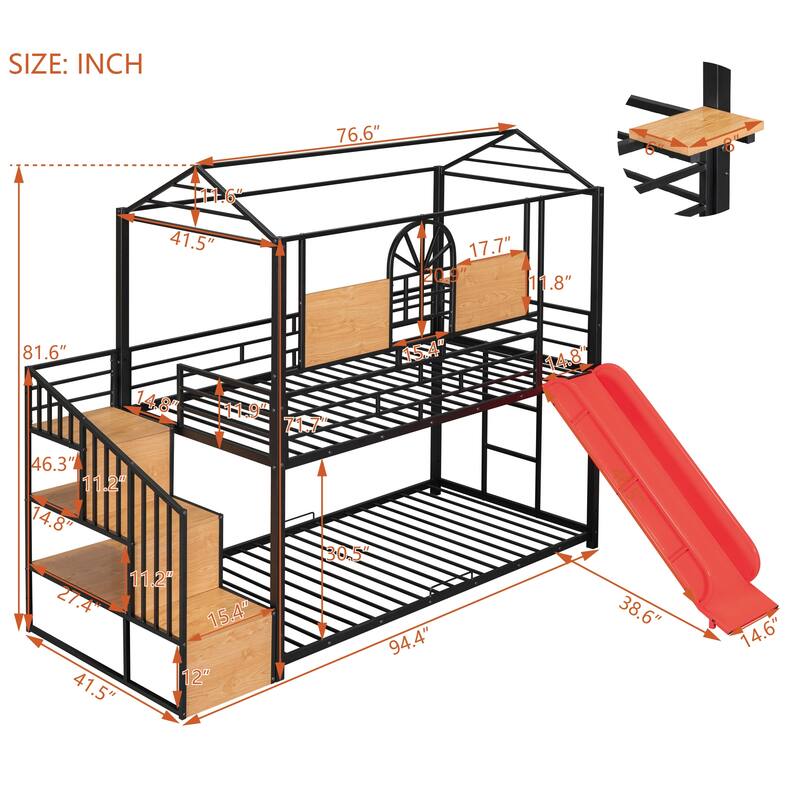 Twin Over Twin Metal Bunk Bed, Metal Housebed with Slide and Storage Stair with Slide
