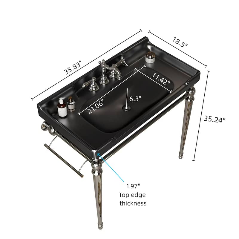 36"Bathroom Console Sink,Wall-Mounted Ceramic Basin with 3 Pre-drilled Faucet Holes,Freestanding Support Legs with Towel Bar