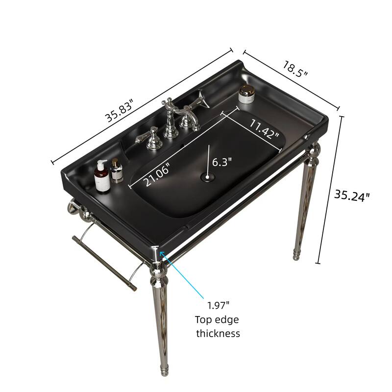 Bathroom Console Sink, Wall-Mounted Black Ceramic Vanity Basin with Pre-drilled Faucet Holes