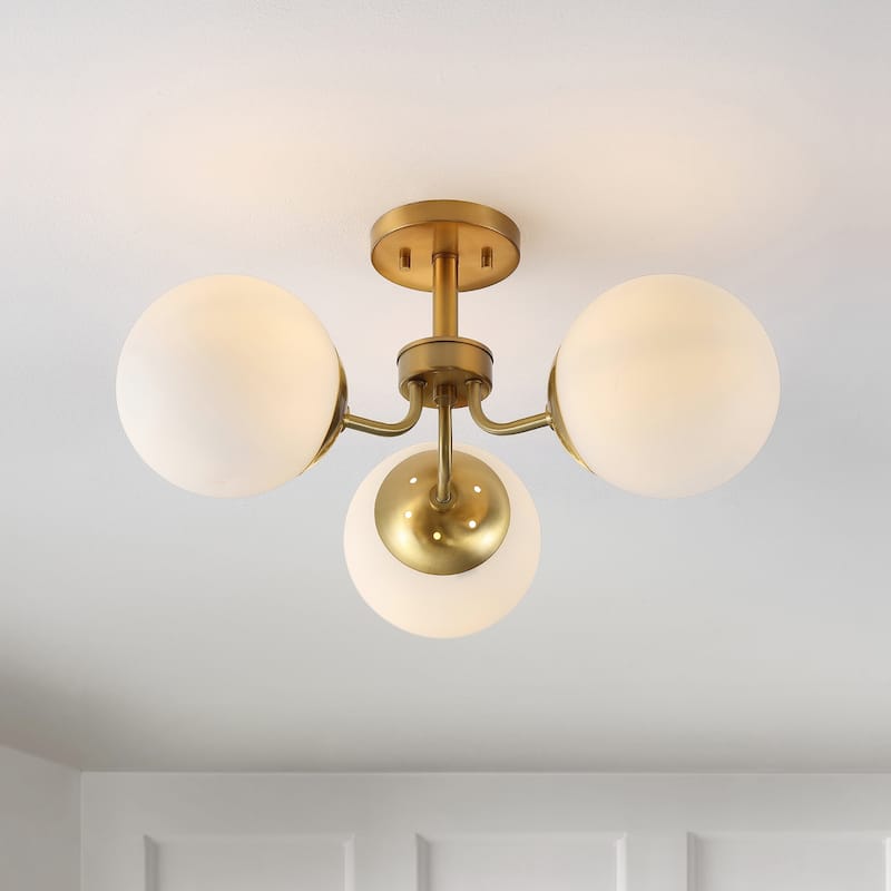 Ojai 23.5" 3-Light Bohemian Farmhouse Iron/Frosted Glass LED Semi Flush Mount, Brass Gold/White by JONATHAN Y