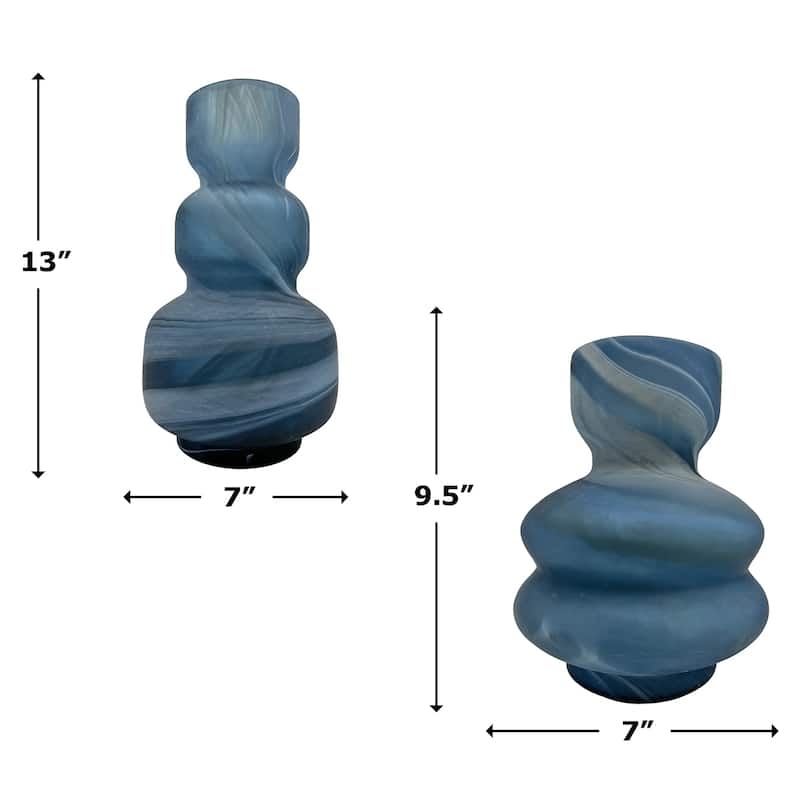 Set of 2 Decorative Handmade Glass Azure Marble Geometric Vase in Blue