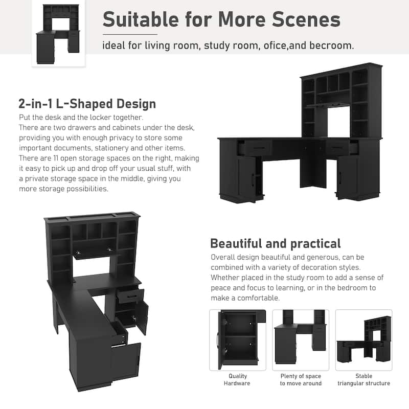 L-Shaped Computer Desk with 2 Cabinets, 2 Drawers & 11 Open Shelves, Flip-Up Storage Shelf for Study, Living Room, Office