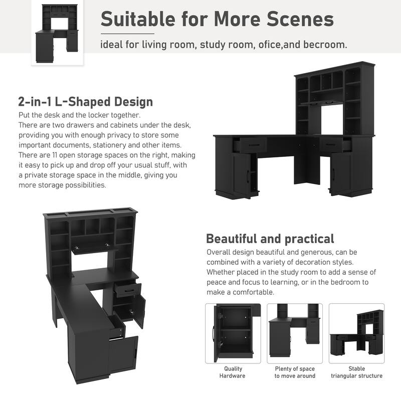 Roomfitters L-Shaped Computer Desk with Hutch, 2 Cabinets, 2 Drawers and 11 Open Shelves, with Power Outlet