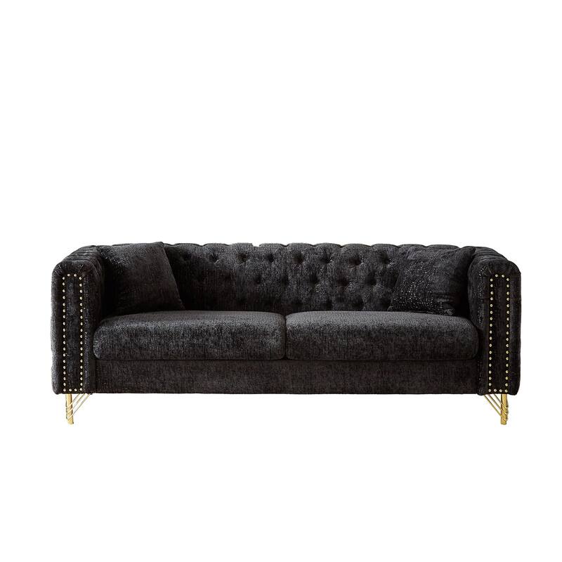 Buttons Tufted Pull Buckle Design Sofa with Copper Nail Decoration Armrest and Metal Legs