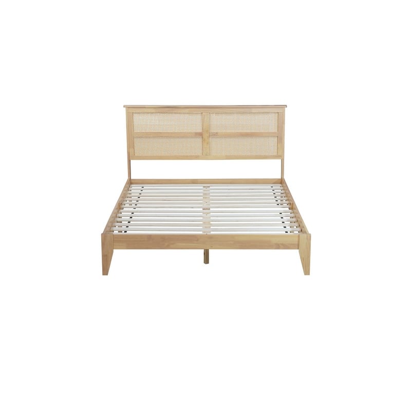 Queen Size Solid Wooden Platform Bed with Rattan Headboard