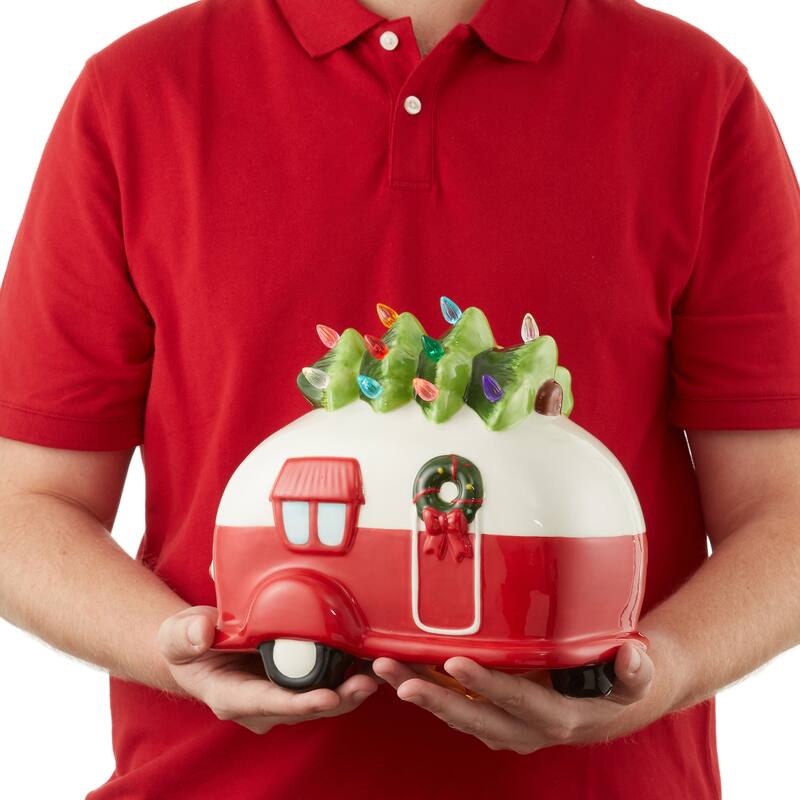 PreLit HandPainted Ceramic Christmas Vintage Camper with Tree