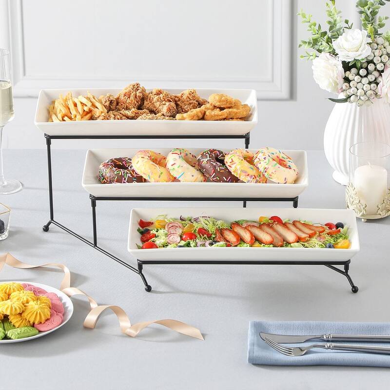 MALACASA PLAT 3-Tier 12" & 14" Porcelain Dessert Stand Black Iron Base