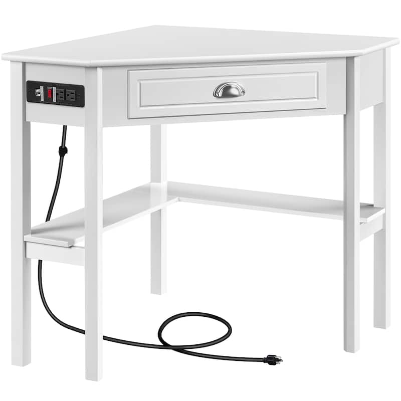 Yaheetech L Shaped Corner Computer Desk with Power Outlets - White