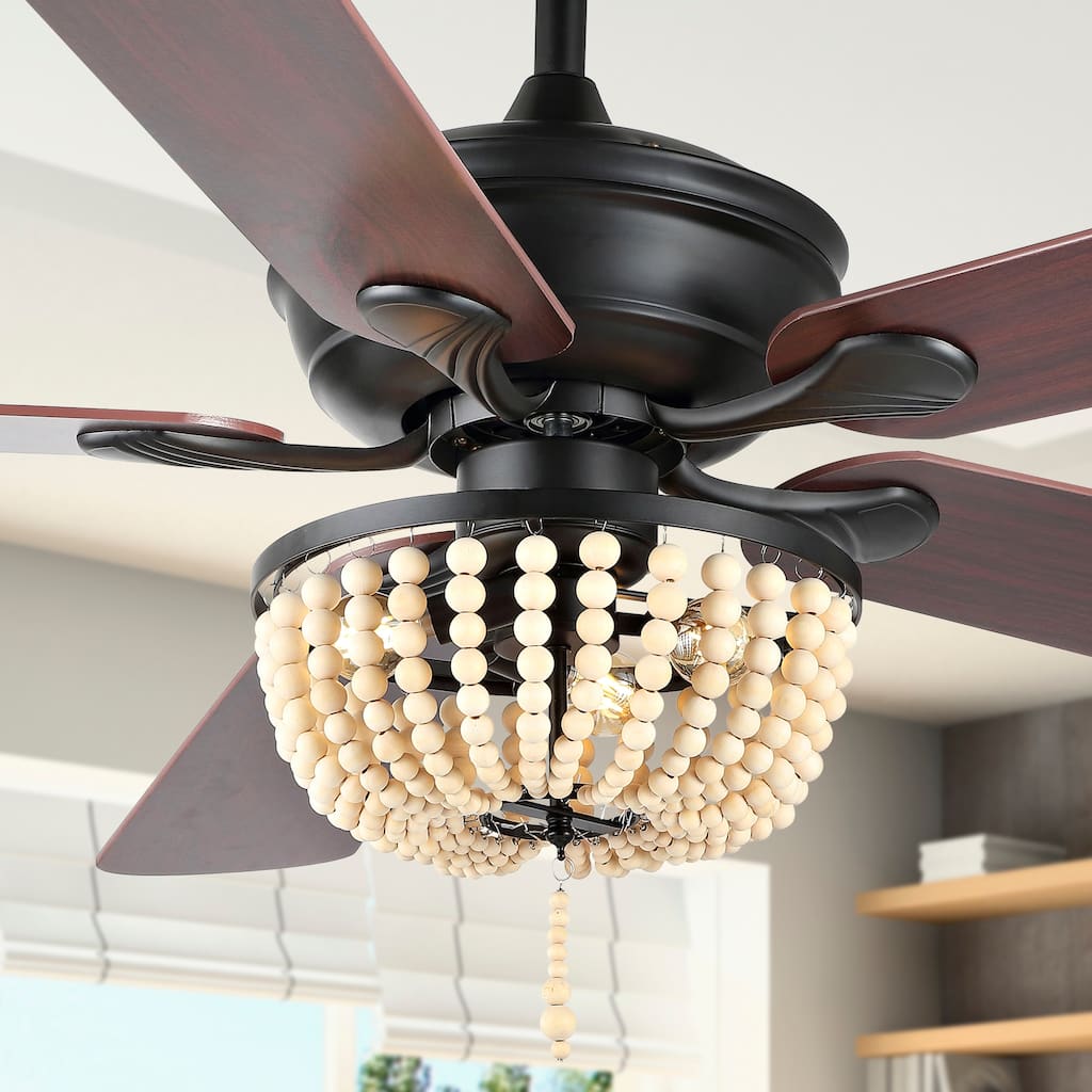 Quinn 52" 3-Light Rustic Farmhouse Iron/Wood Bead Mobile-App/Remote-Controlled LED Ceiling Fan, by JONATHAN Y