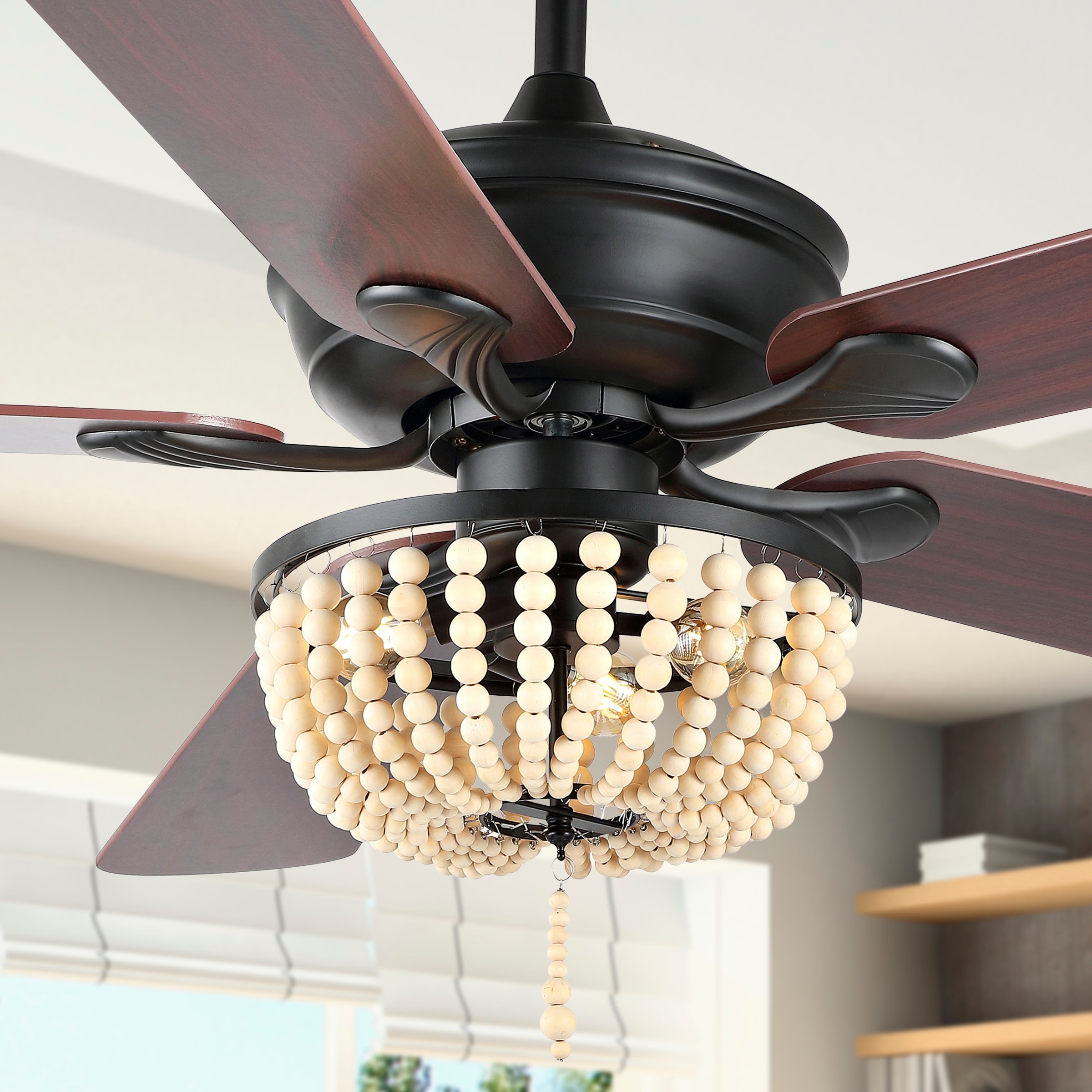 JONATHAN Y Quinn 52" 3-Light Rustic Farmhouse Iron/Wood Bead Mobile-App/Remote-Controlled LED Ceiling Fan