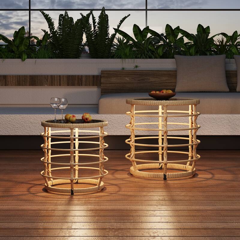 Topped Rattan End Table,Glass Top & Solar Ambient Light,Ideal for Outdoor Bar & Restaurant Ambiance