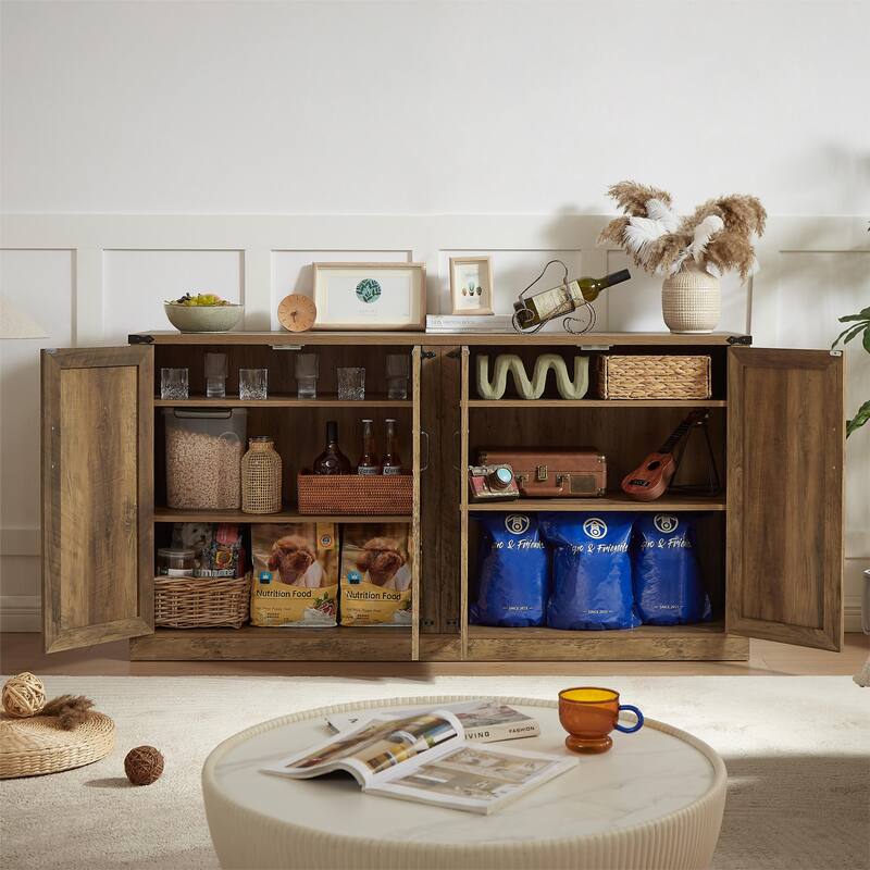 Rustic Faux Rattan Sideboard Adjustable Shelves Buffet Cabinet, Living Dining Room Accent Cabinet TV Cabinet Console Table, Oak - Oak