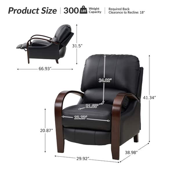 dimension image slide 7 of 14, Alex Mid-century Modern Genuine Leather Manual Recliner with Wooden Curved Arms