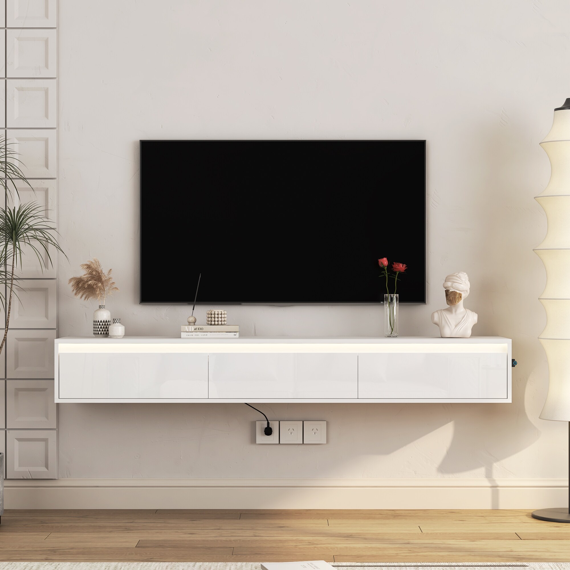 Modern Floating Wall-Mounted TV Stand High-Gloss TV Stand with LED Lights and Power Outlet, for Living Rooms