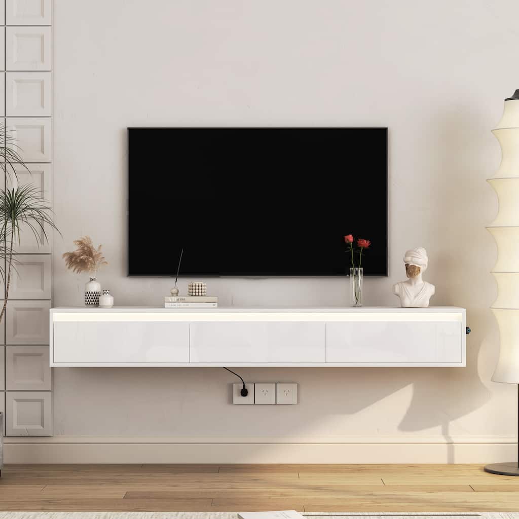 Modern Floating Wall-Mounted TV Stand High-Gloss TV Stand with LED Lights and Power Outlet, for Living Rooms