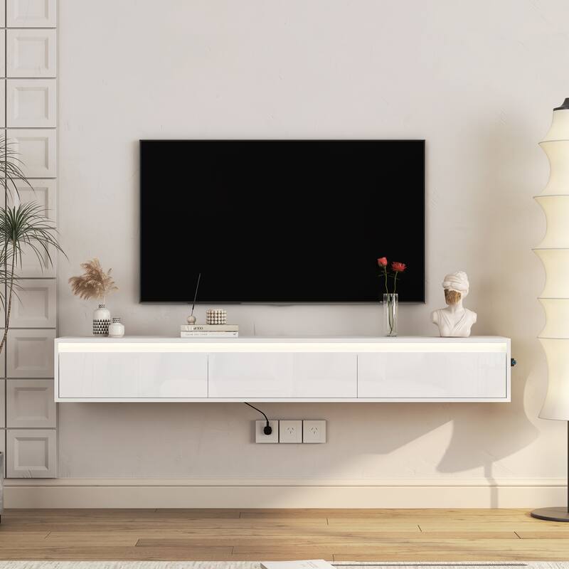 Modern Floating Wall-Mounted TV Stand High-Gloss TV Stand with LED Lights and Power Outlet, for Living Rooms - White