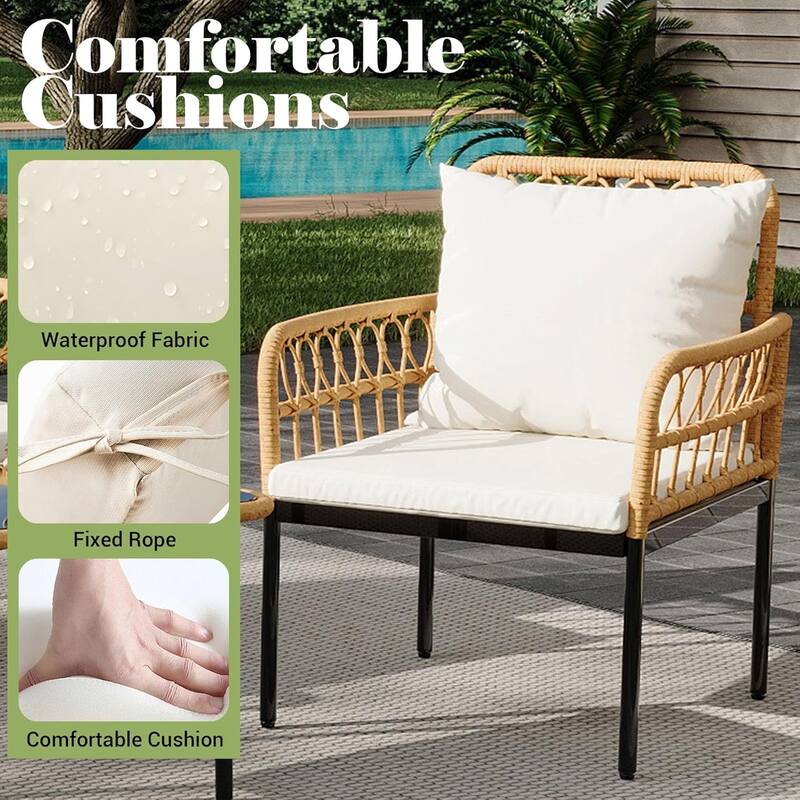 4-Piece Patio Rattan Wicker Furniture Set with Glass Coffee Table for Balcony