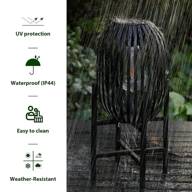 Glitzhome Set of 2 Outdoor Black Metal Striped Solar Lantern Floor Lamp