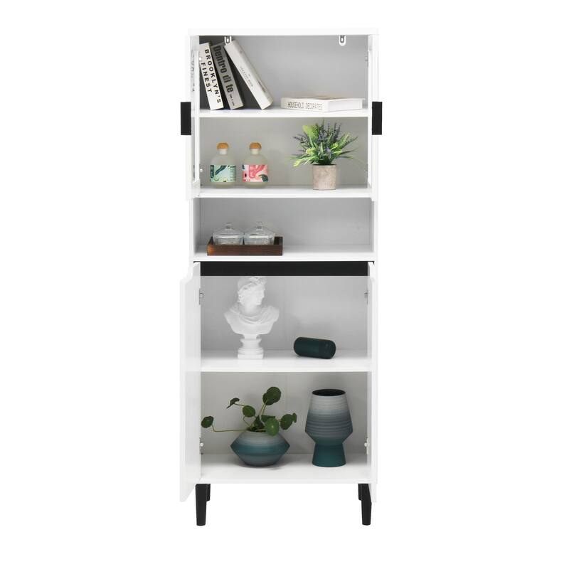 Tall Kitchen Pantry Cabinet with 2 Glass Display Doors & 2 Solid Doors