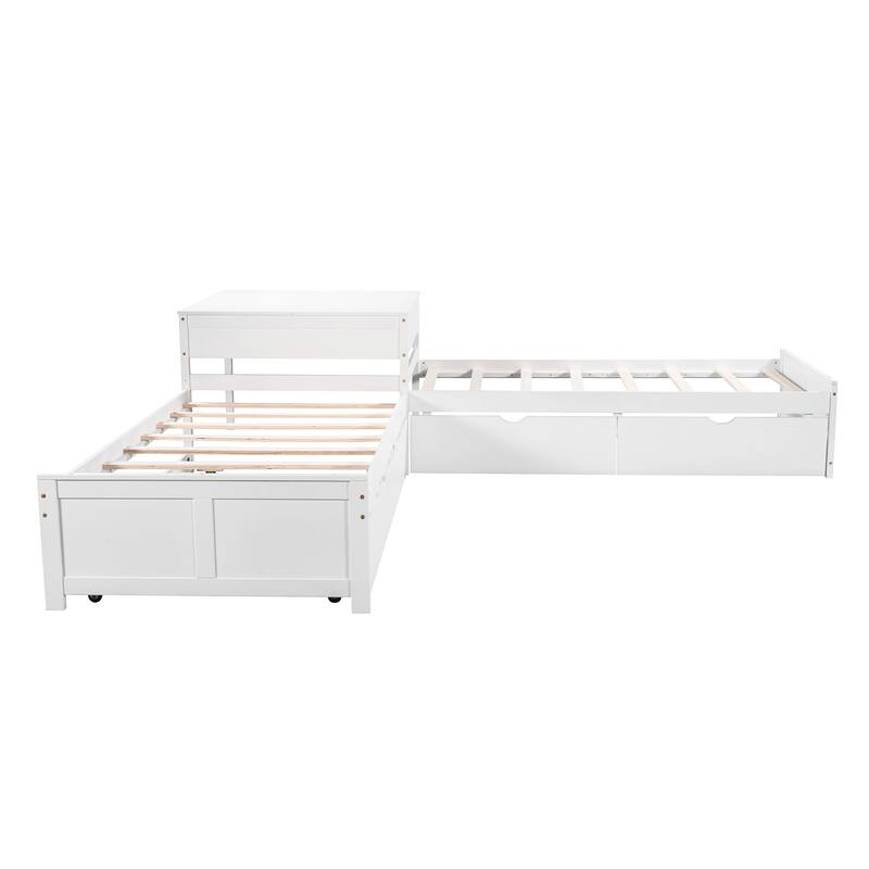L-Shaped Platform Bed With Trundle And Drawers Linked With Built-In Desk,Twin