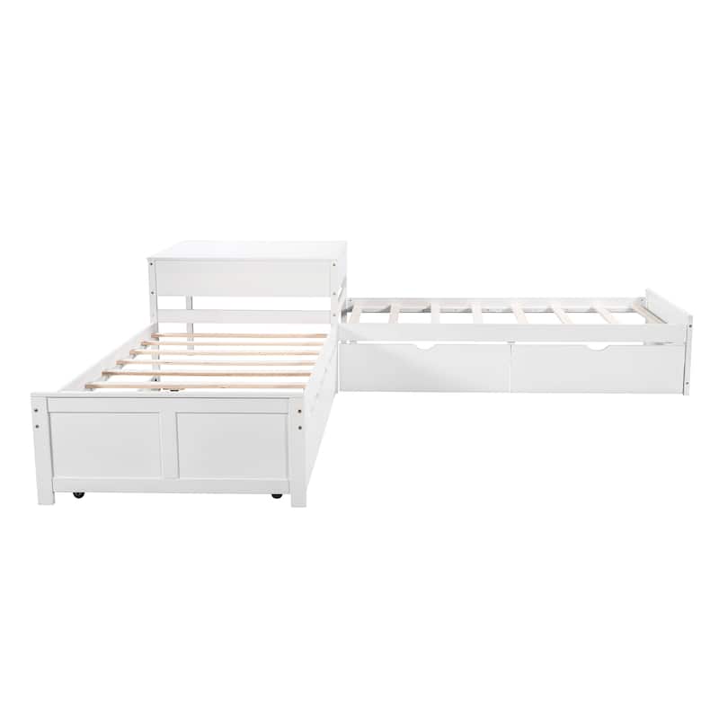Modern Twin Size L-shaped Platform Bed with Trundle and Drawers for Bedroom