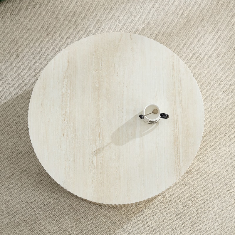 Faux travertine Round Coffee Table with Eye-Catching Relief Design, Travertine
