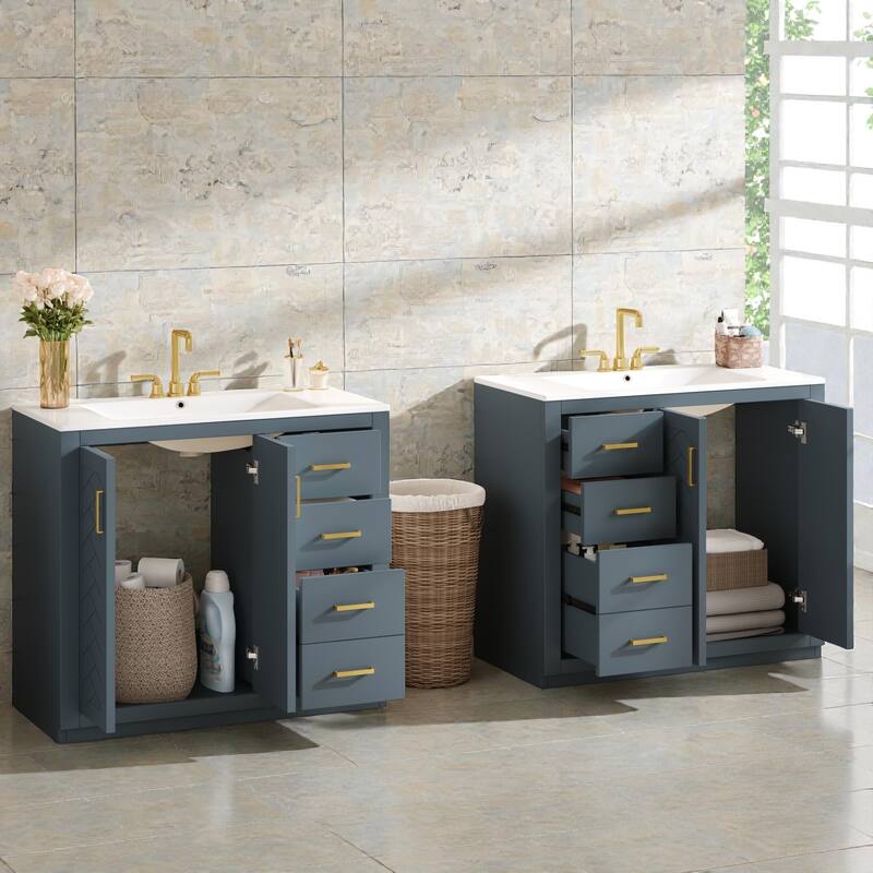 72" Solid Wood Freestanding Bathroom Vanity with Dual Ceramic Sinks, Double Storage Cabinet with Drawers and Soft-Close Doors