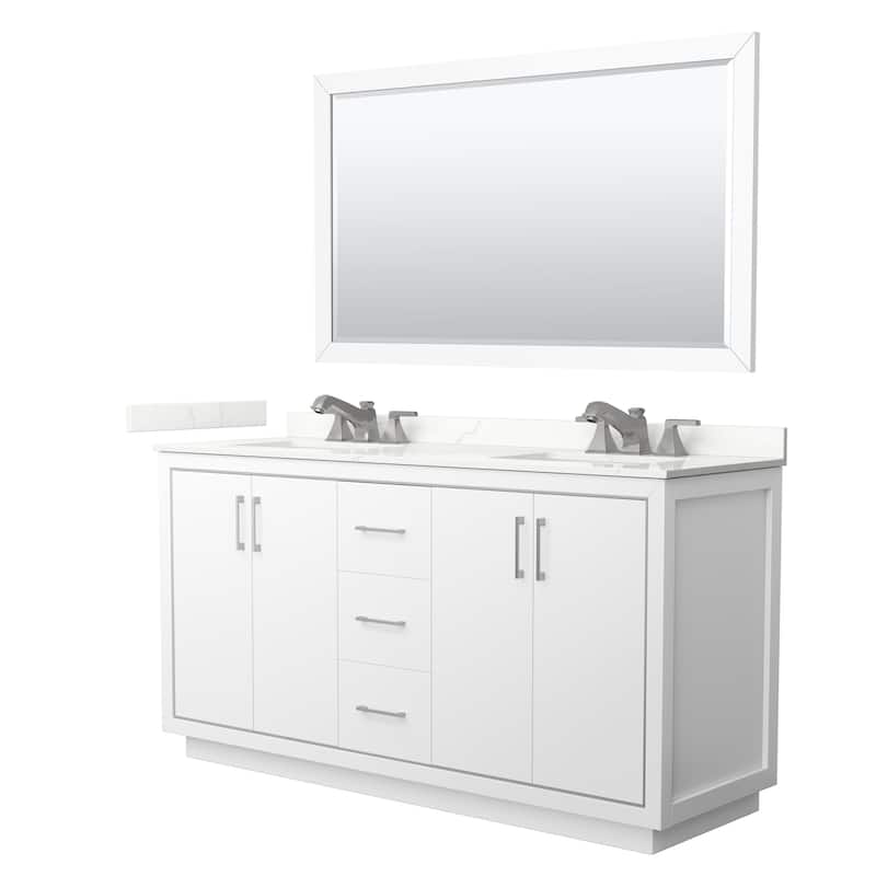 Icon 66-inch Double Vanity, Quartz Top, 58-inch Mirror - White, Nickel Trim, Giotto Quartz Top