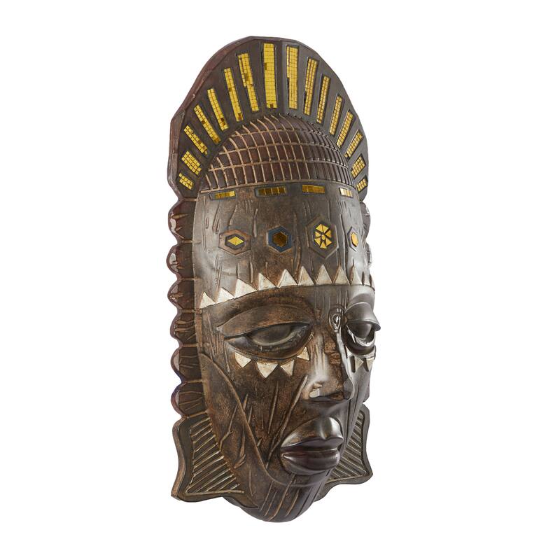 Brown Polystone Primitive African Mask and Standing African Woman Sculpture Wall Decor