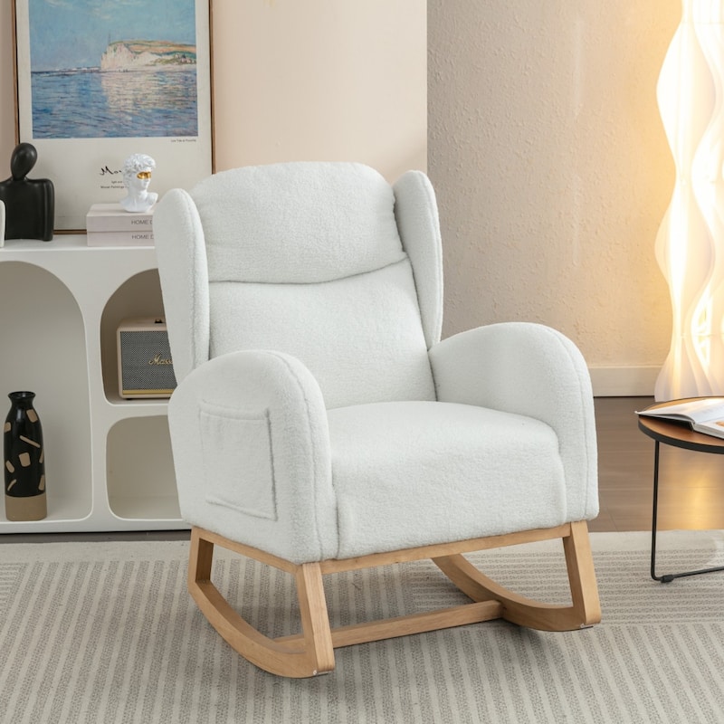 Modern Teddy Fabric Home Rocking Chair with Wood Leg, Tufted High Back