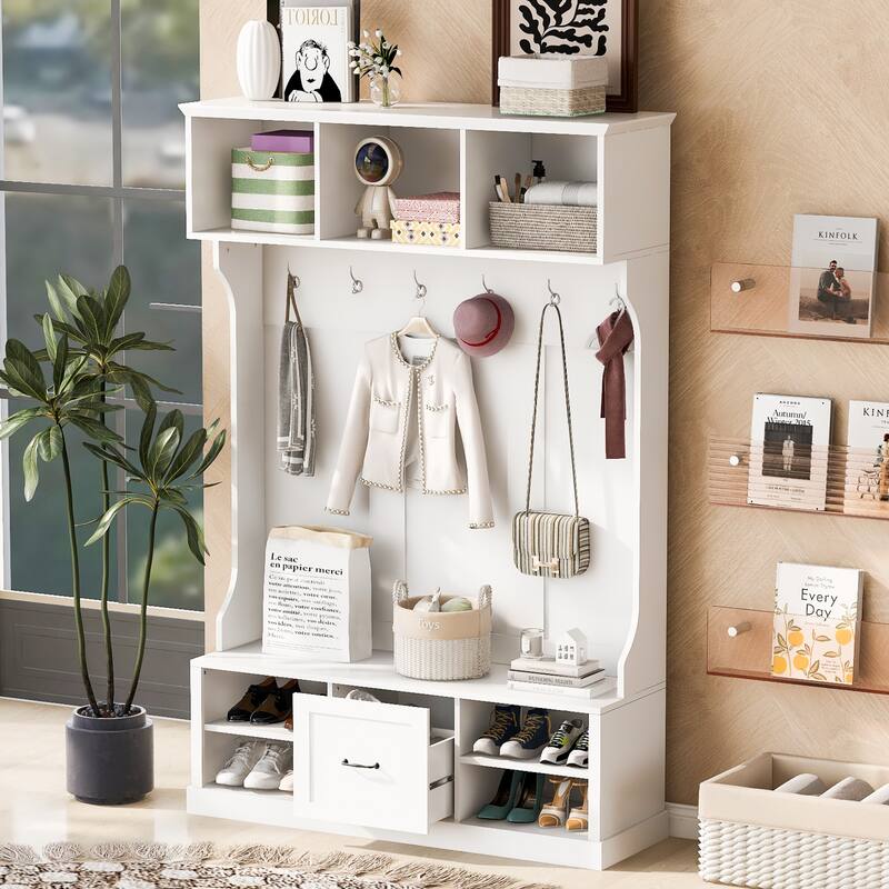 Storage Bench with Shoe Rack 57" Hall Tree Wood Coat Tree with 6 Hooks, Open Coat Hanger for Entrance, Living Room
