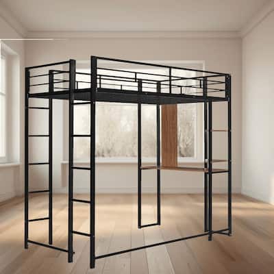 Twin Metal Loft Platform Bed Frame with Built-In Desk and Shelves for Kids' Bedroom, Full-Length Guardrails, and Sturdy Ladder